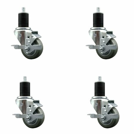 SERVICE CASTER 3'' SS Gray Poly Swivel 1-3/4'' Expanding Stem Caster Set with Brake, 4PK SCC-SSEX20S314-PPUB-TLB-134-4